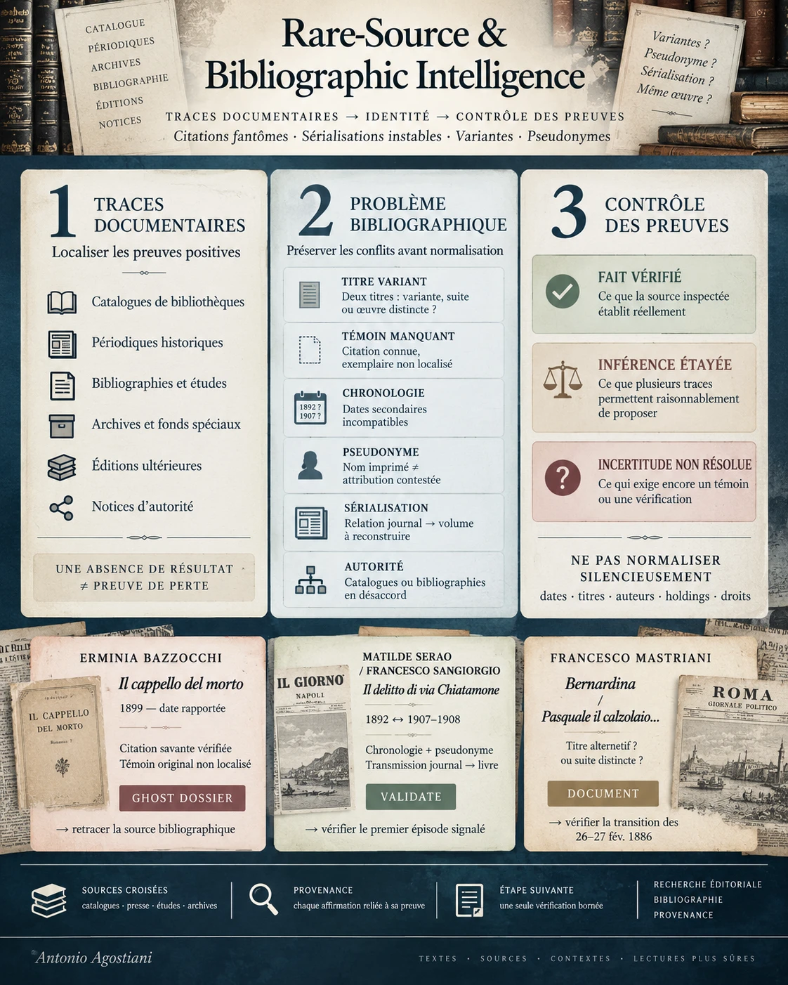 Rare-Source and Bibliographic Intelligence workflow showing documentary traces, bibliographic problems, evidence control and research dispositions